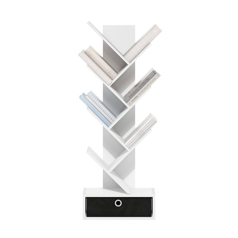 Tree Bookshelf 7-Tier Floor Standing Tree Bookcase with Bin Drawer, White/Black. Picture 5