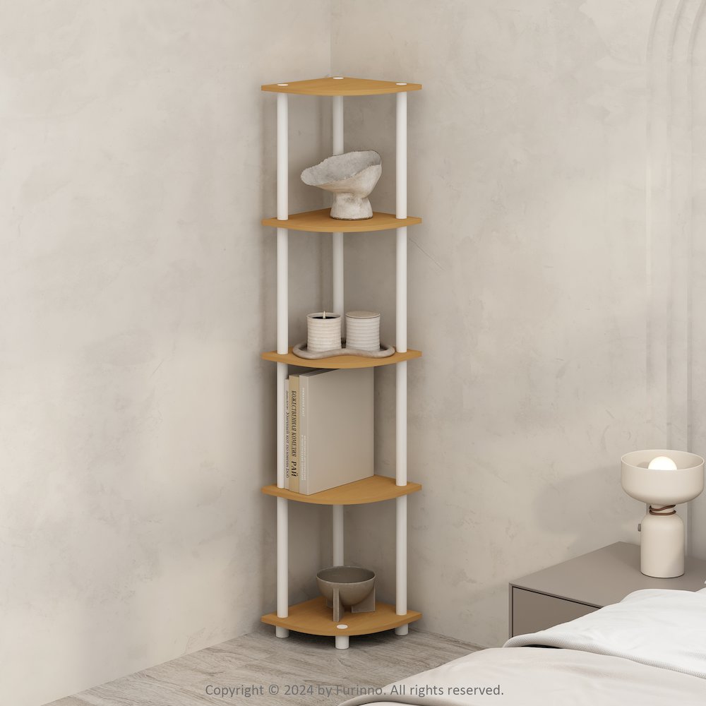 Turn-N-Tube 5 Tier Multipurpose Corner Display Rack Shelving Unit, Beech/White. Picture 6