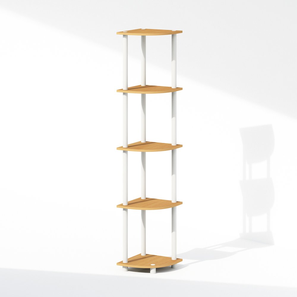 Turn-N-Tube 5 Tier Multipurpose Corner Display Rack Shelving Unit, Beech/White. Picture 1