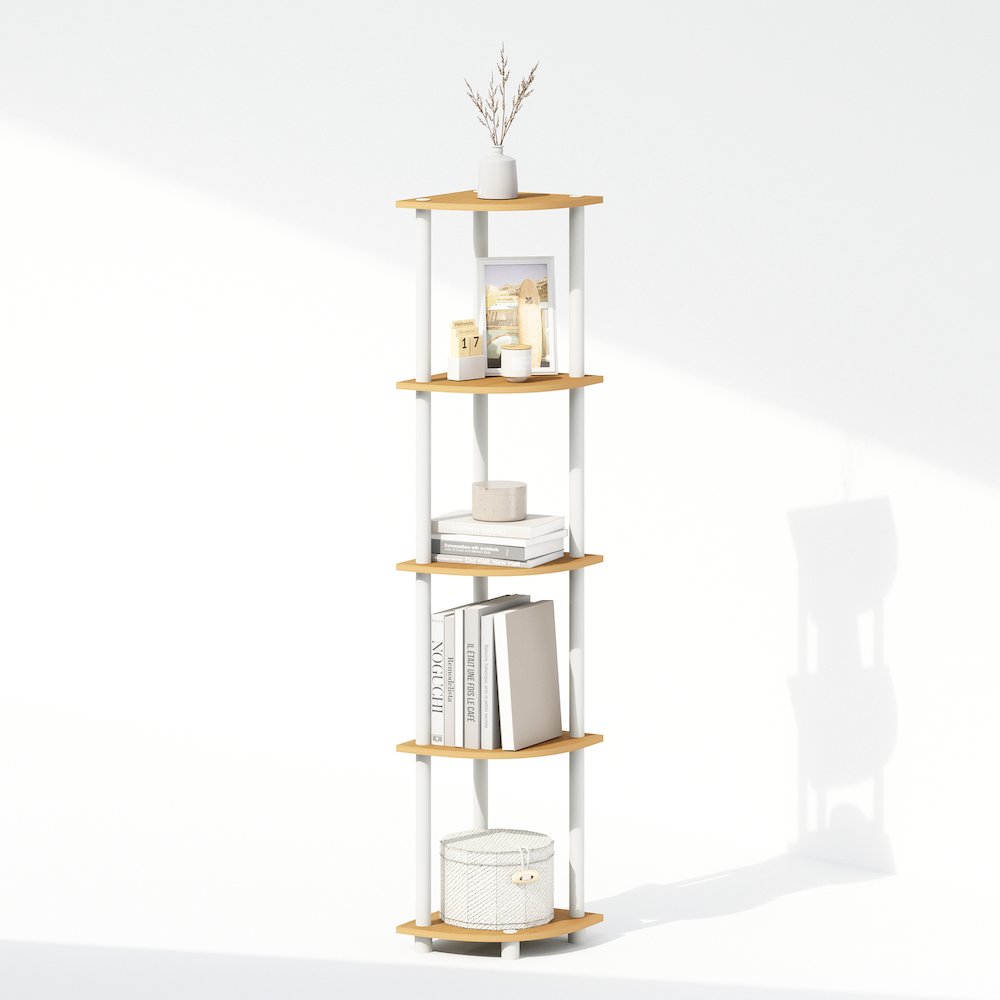 Turn-N-Tube 5 Tier Multipurpose Corner Display Rack Shelving Unit, Beech/White. Picture 4