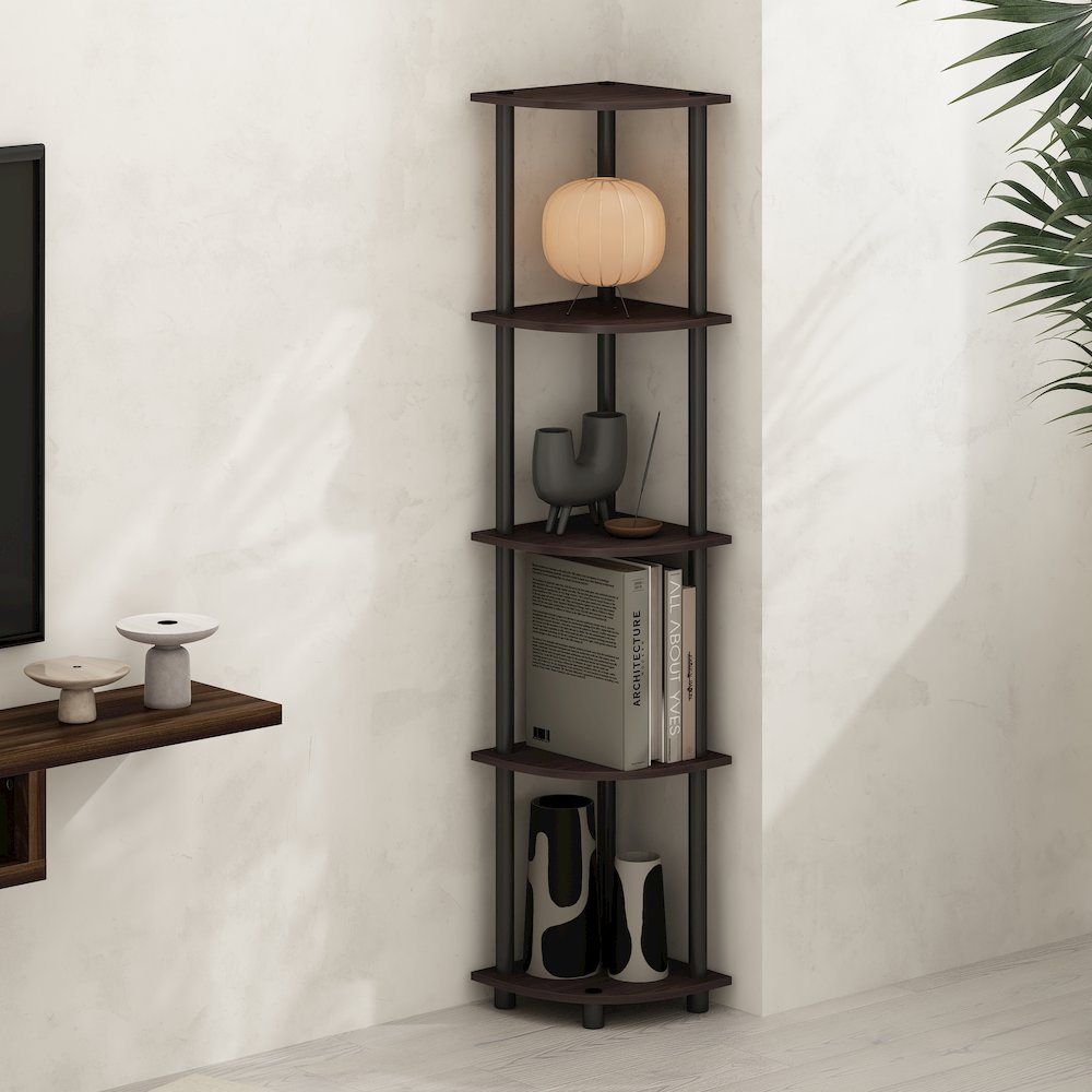 Turn-N-Tube 5 Tier Multipurpose Corner Display Rack Shelving Unit, Dark Walnut. Picture 6