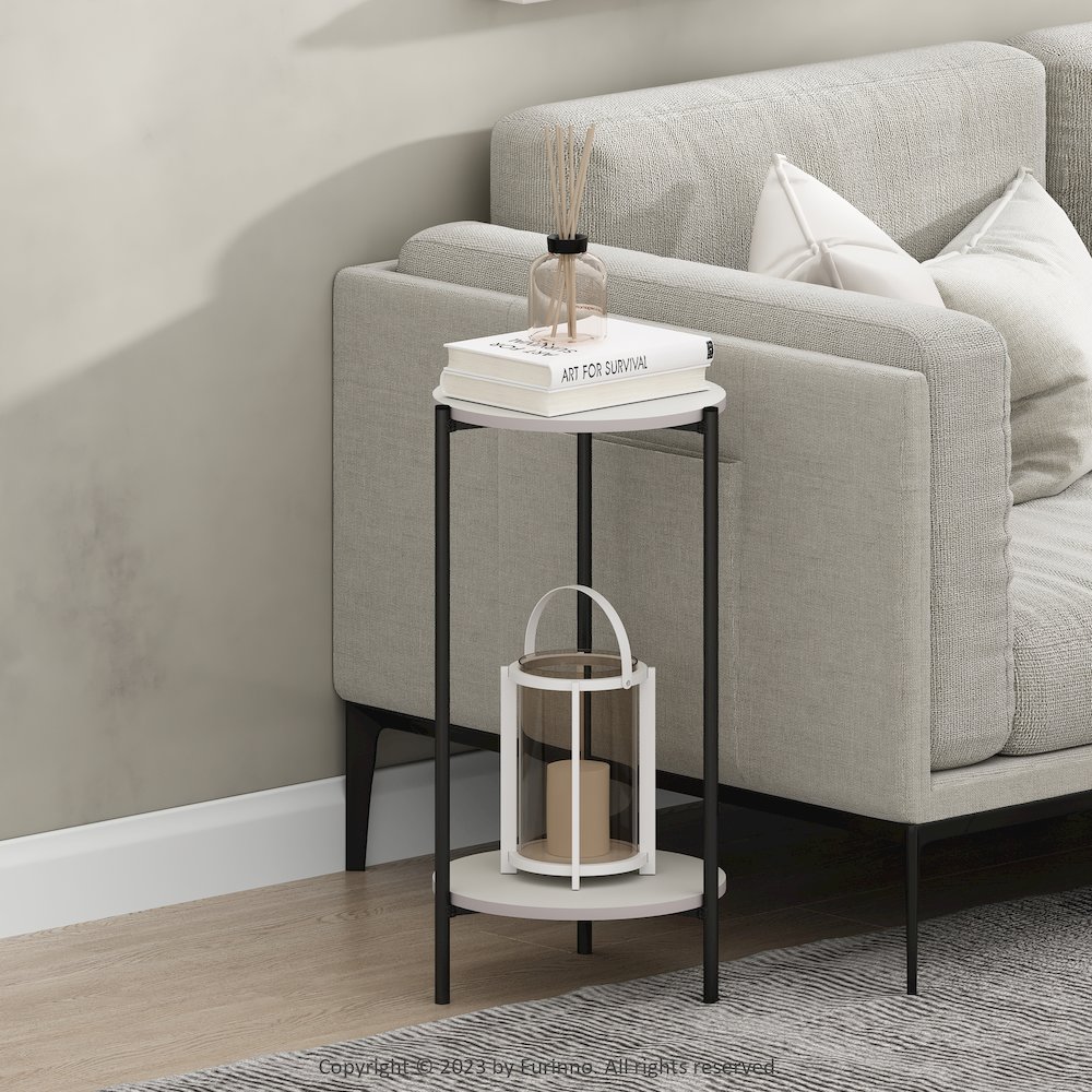 2-Tier Tall Round Side End Table with Sturdy Metal Legs, Set of 2, White/Black. Picture 6