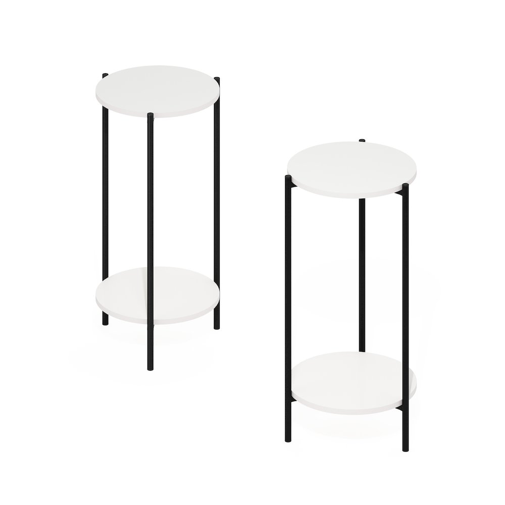 2-Tier Tall Round Side End Table with Sturdy Metal Legs, Set of 2, White/Black. Picture 1