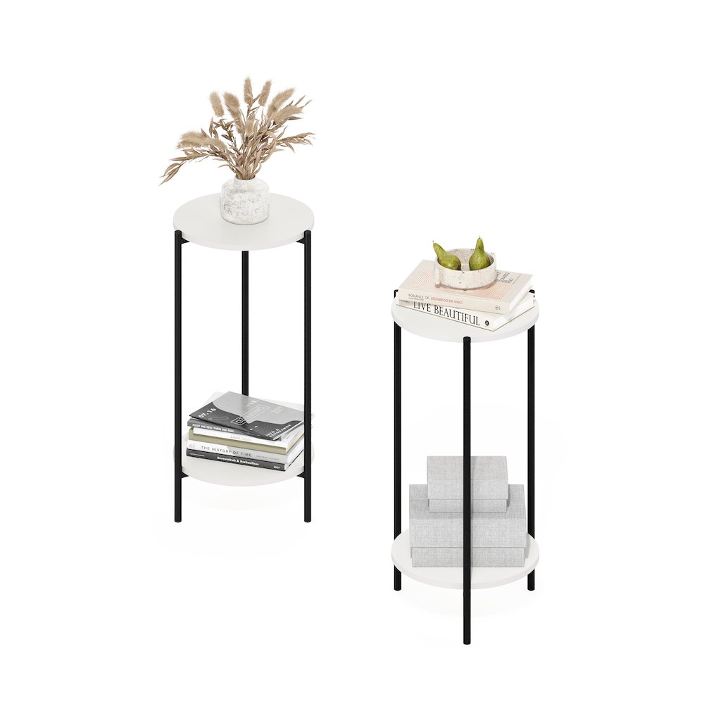 2-Tier Tall Round Side End Table with Sturdy Metal Legs, Set of 2, White/Black. Picture 4