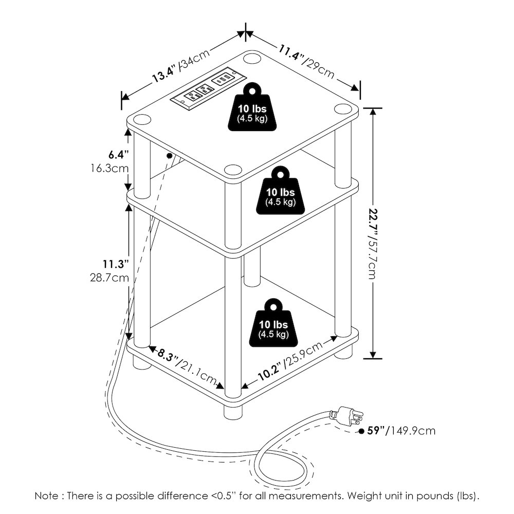 Just 3-Tier Turn-N-Tube USB and Type-C Charging Port End Table, Set of 2. Picture 2