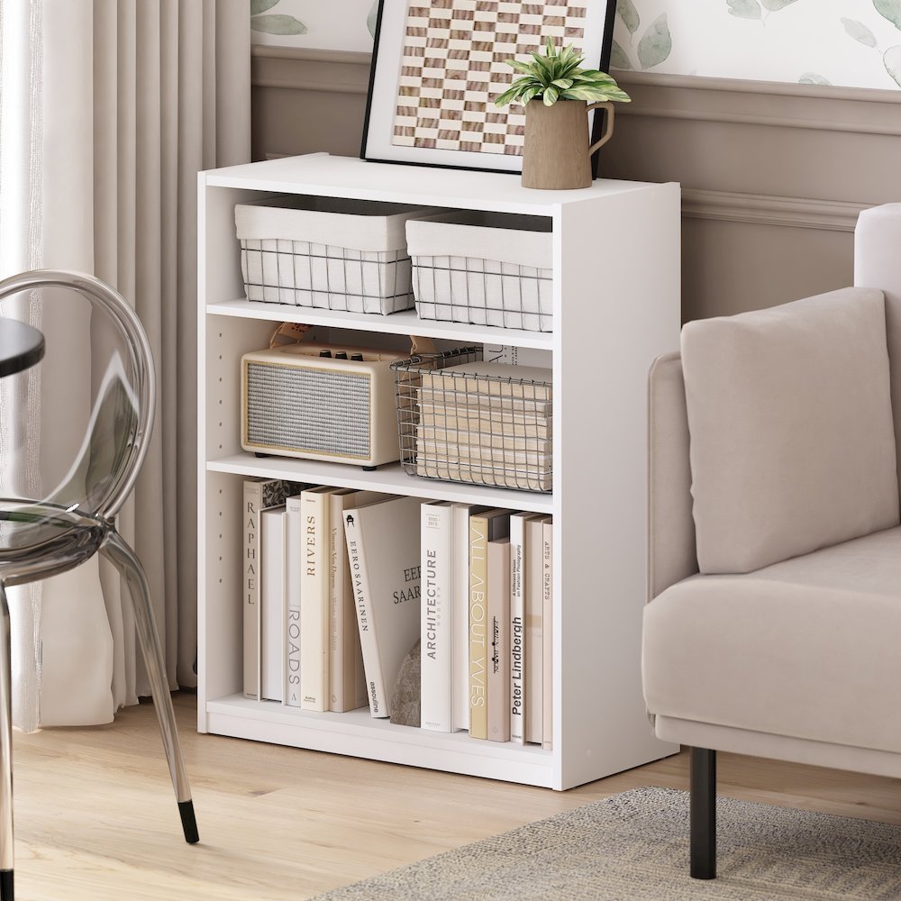 Gehry 3-Tier Bookcase, Bookshelf with Adjustable Shelves, White. Picture 6