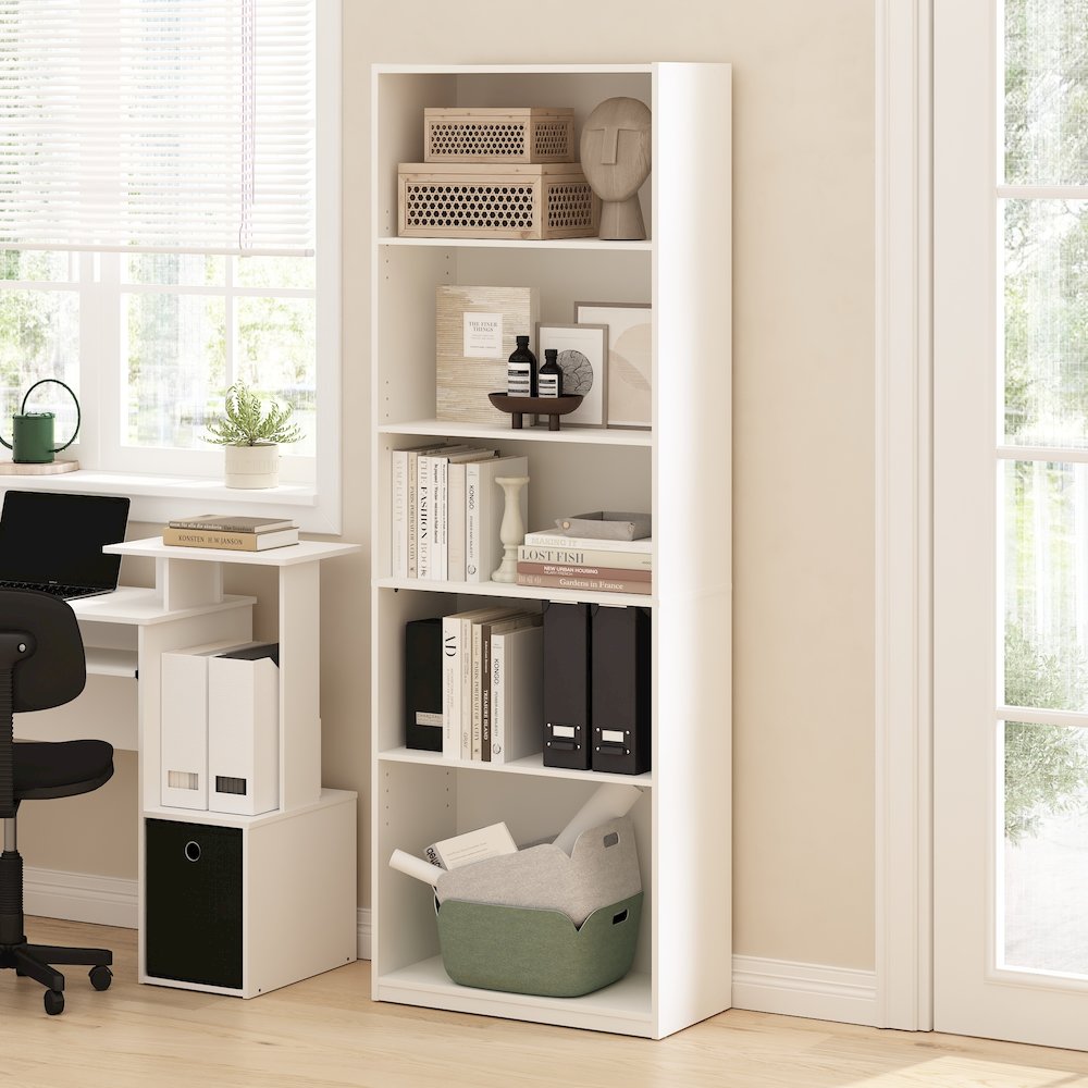 Gehry 5-Tier Bookcase, Bookshelf with Adjustable Shelves, White. Picture 6