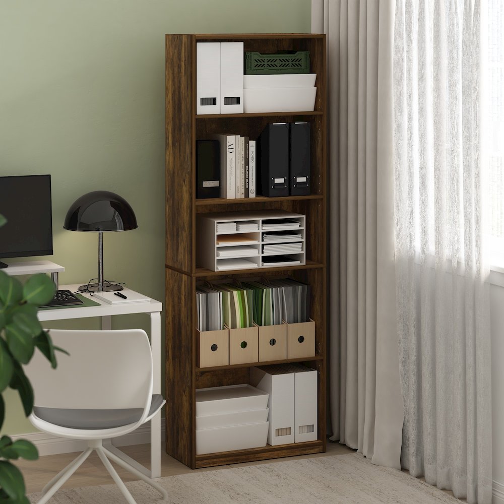Gehry 5-Tier Bookcase, Bookshelf with Adjustable Shelves, Amber Pine. Picture 6