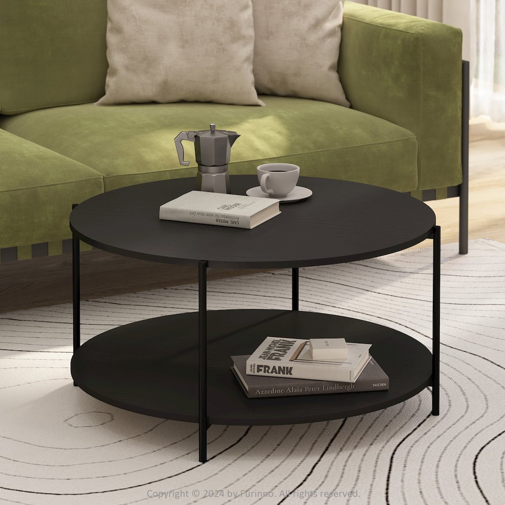 2-Tier Modern Round Coffee Table Table with Sturdy Metal Legs, Americano/Black. Picture 5