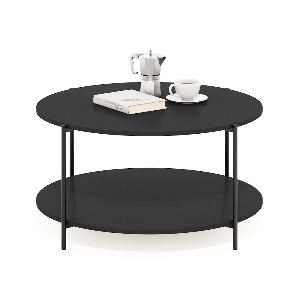 2-Tier Modern Round Coffee Table Table with Sturdy Metal Legs, Americano/Black. Picture 1
