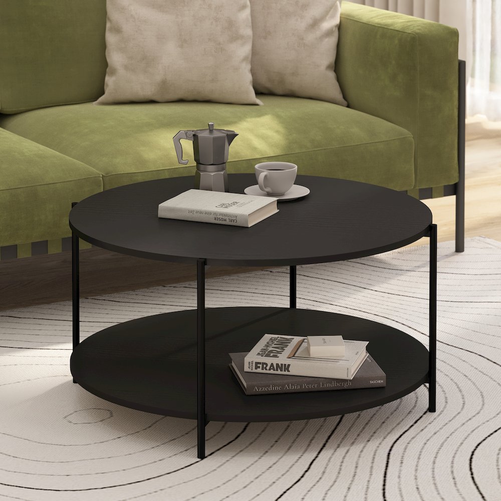 2-Tier Modern Round Coffee Table Table with Sturdy Metal Legs, Americano/Black. Picture 2