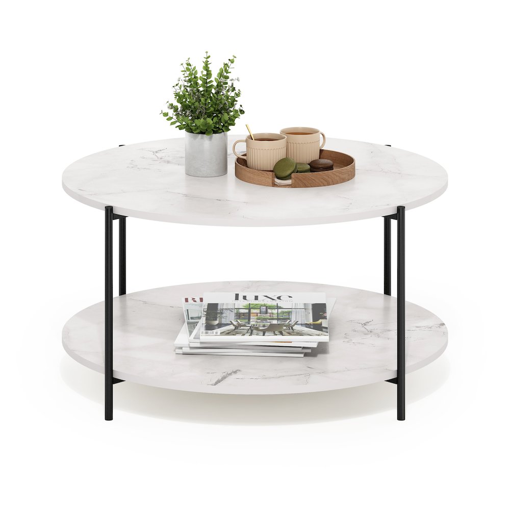 2-Tier Round Coffee Table with Storage, Shelf and Metal Legs,Light Marble. Picture 2