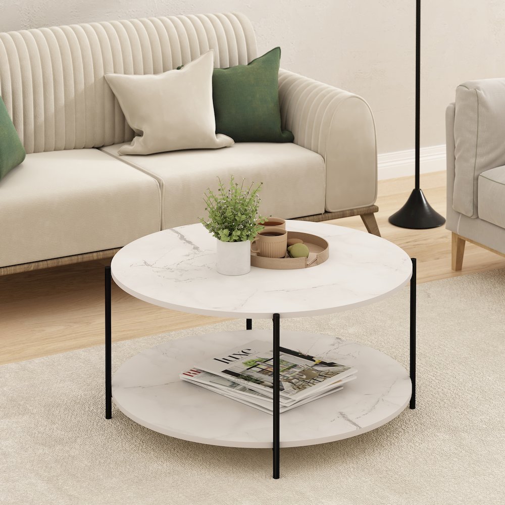 2-Tier Round Coffee Table with Storage, Shelf and Metal Legs,Light Marble. Picture 4