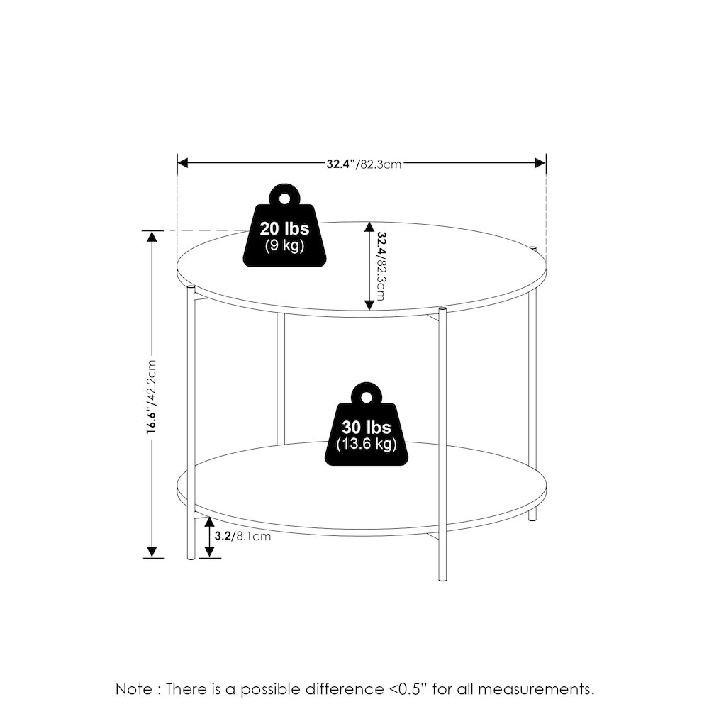 2-Tier Round Coffee Table with Storage, Shelf and Metal Legs,Light Marble. Picture 5