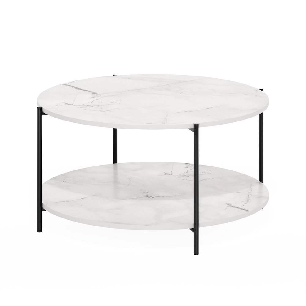 2-Tier Round Coffee Table with Storage, Shelf and Metal Legs,Light Marble. Picture 1