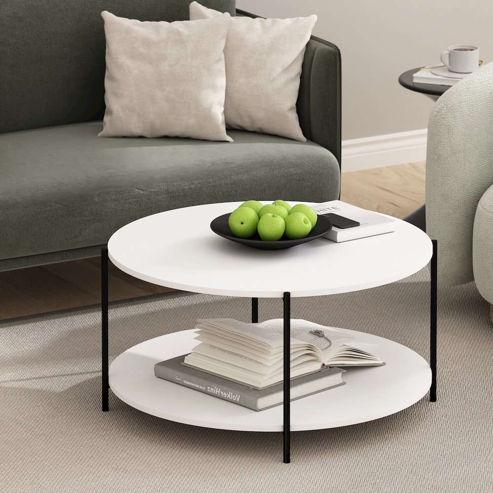 Besi 2-Tier Modern Round Coffee Table Table with Sturdy Metal Legs, White/Black. Picture 2