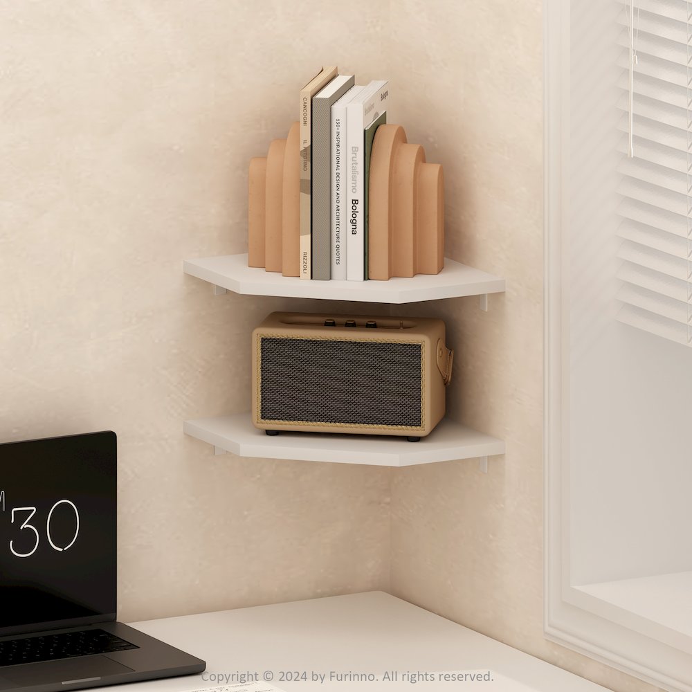 Rossi Hexagon Corner Floating Shelves, Wall Mount Display Shelf, White, Set of 2. Picture 6
