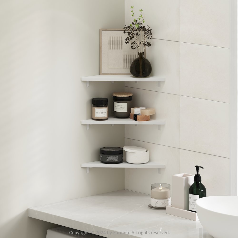 Triangle Corner Floating Shelves, Wall Mount Display Shelf, White, Set of 3. Picture 6