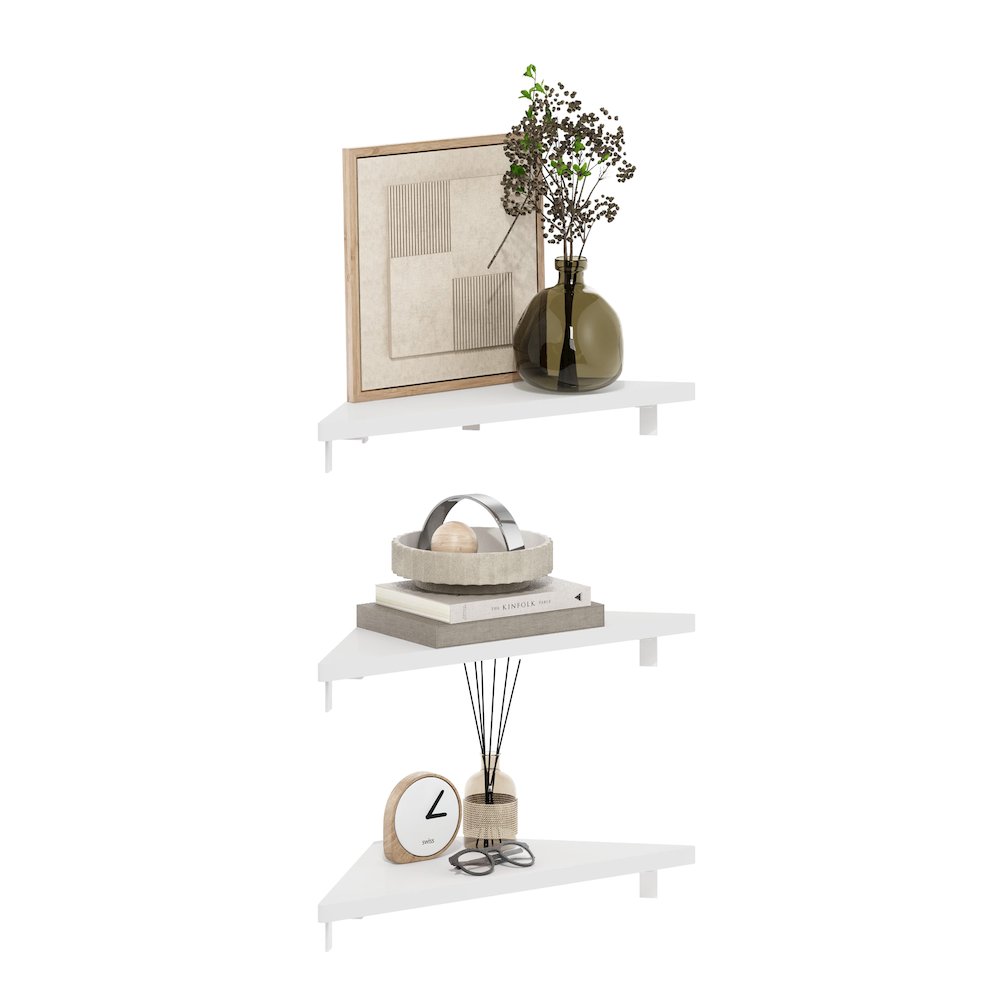 Triangle Corner Floating Shelves, Wall Mount Display Shelf, White, Set of 3. Picture 4