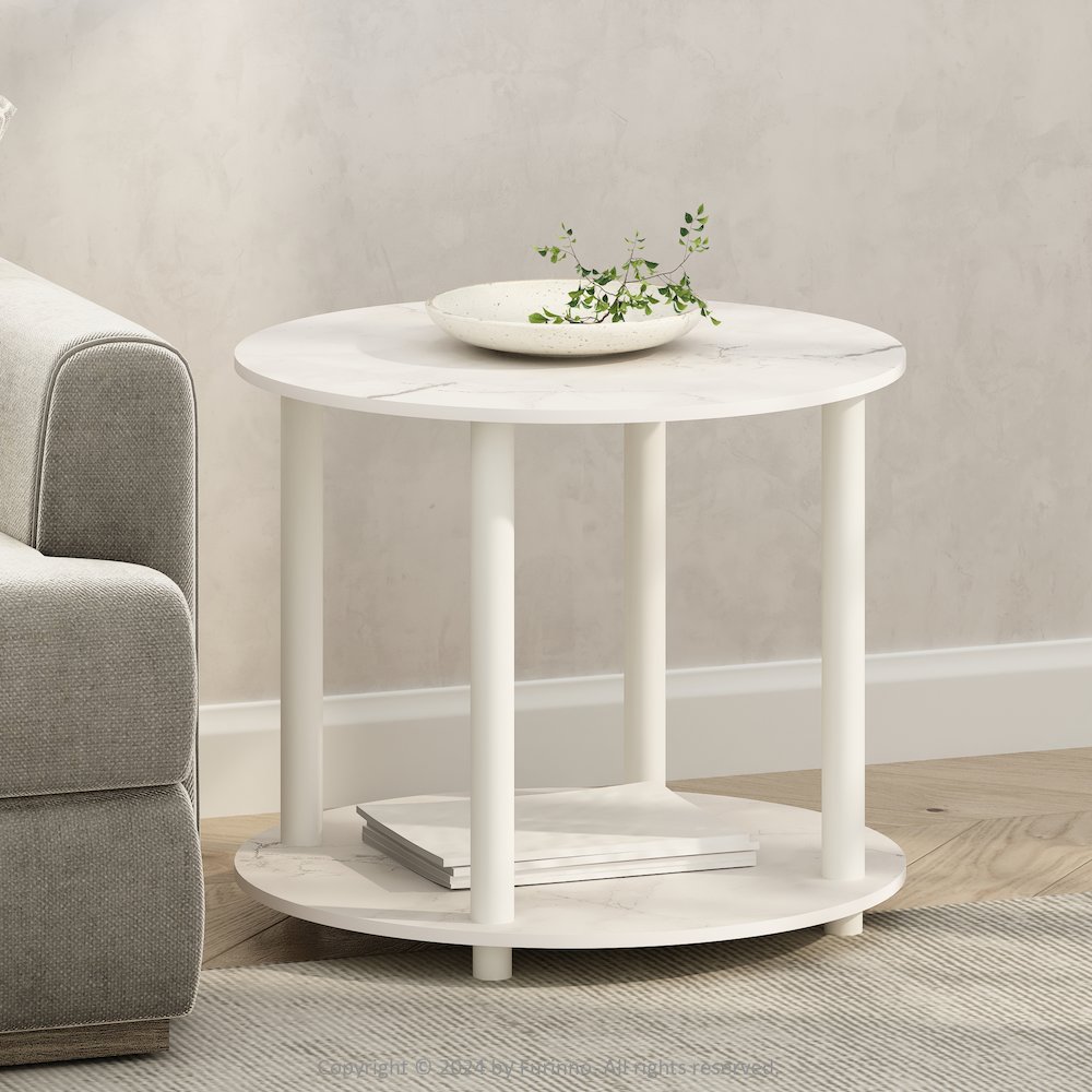 Turn-N-Tube Simple Design 2-Tier Round Wooden Side End Table, Marble White. Picture 6