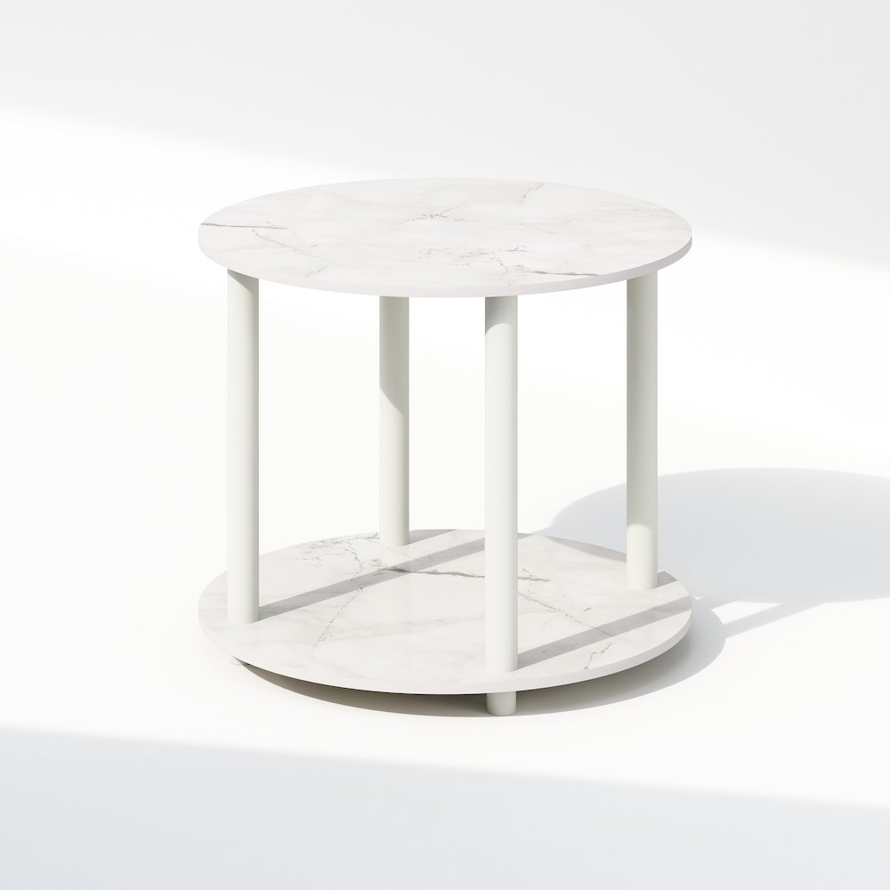 Turn-N-Tube Simple Design 2-Tier Round Wooden Side End Table, Marble White. Picture 1