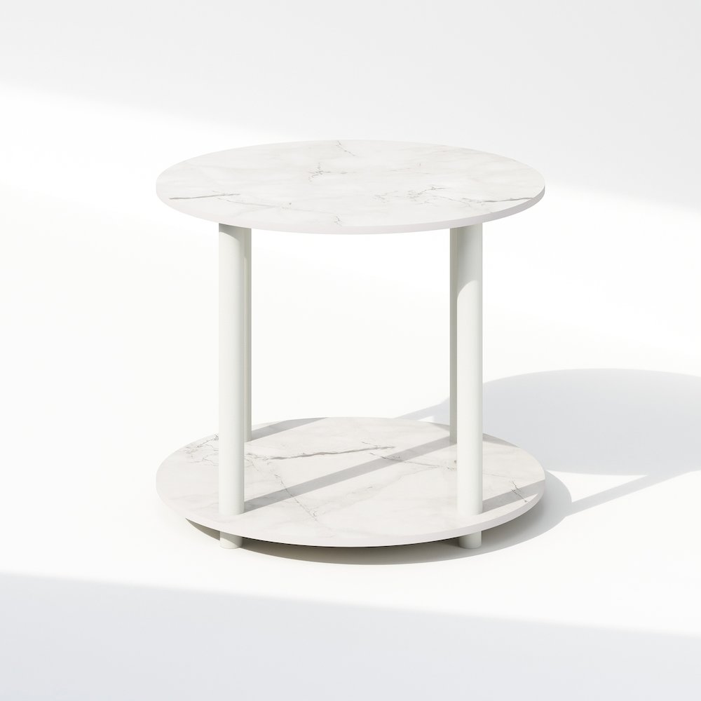 Turn-N-Tube Simple Design 2-Tier Round Wooden Side End Table, Marble White. Picture 3