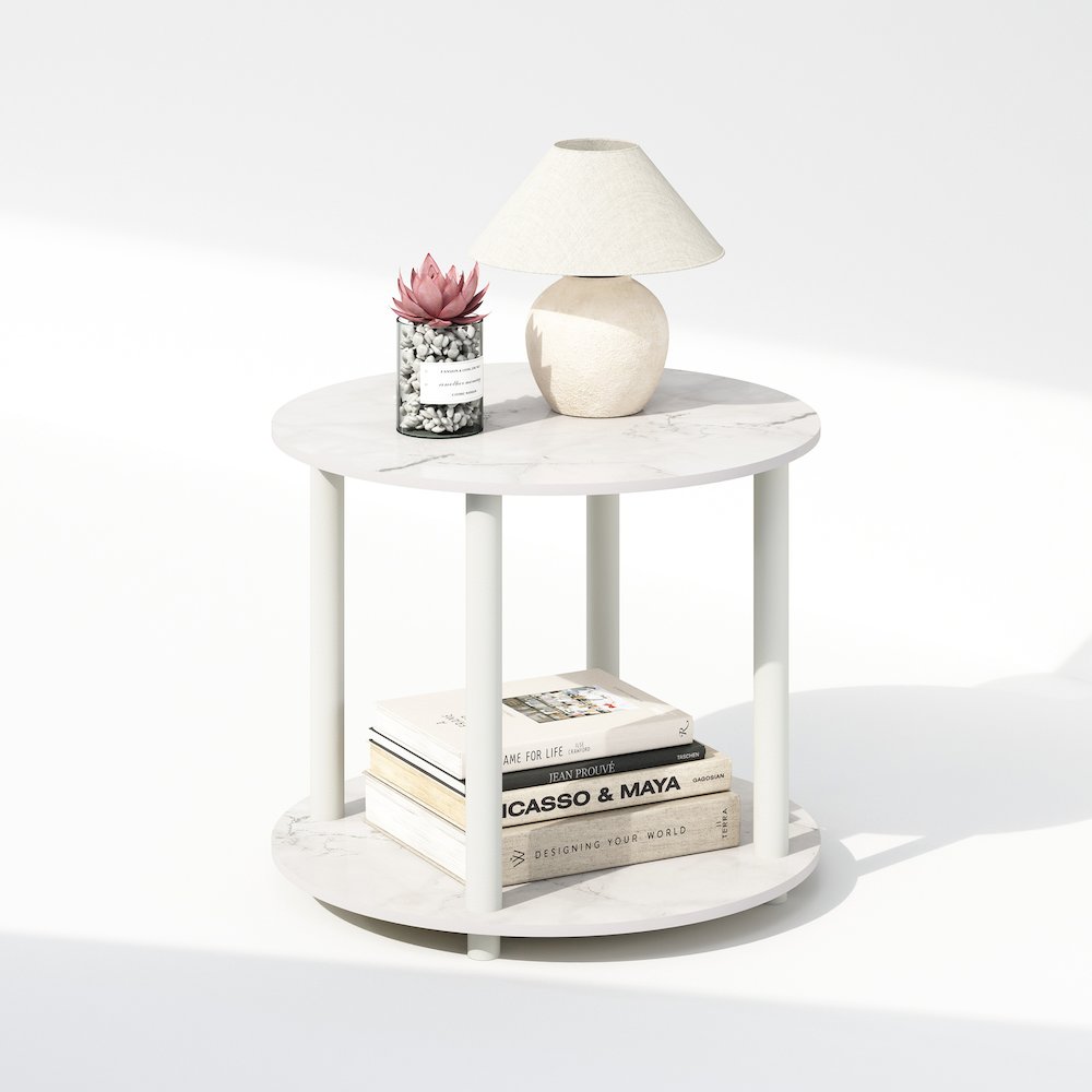 Turn-N-Tube Simple Design 2-Tier Round Wooden Side End Table, Marble White. Picture 4