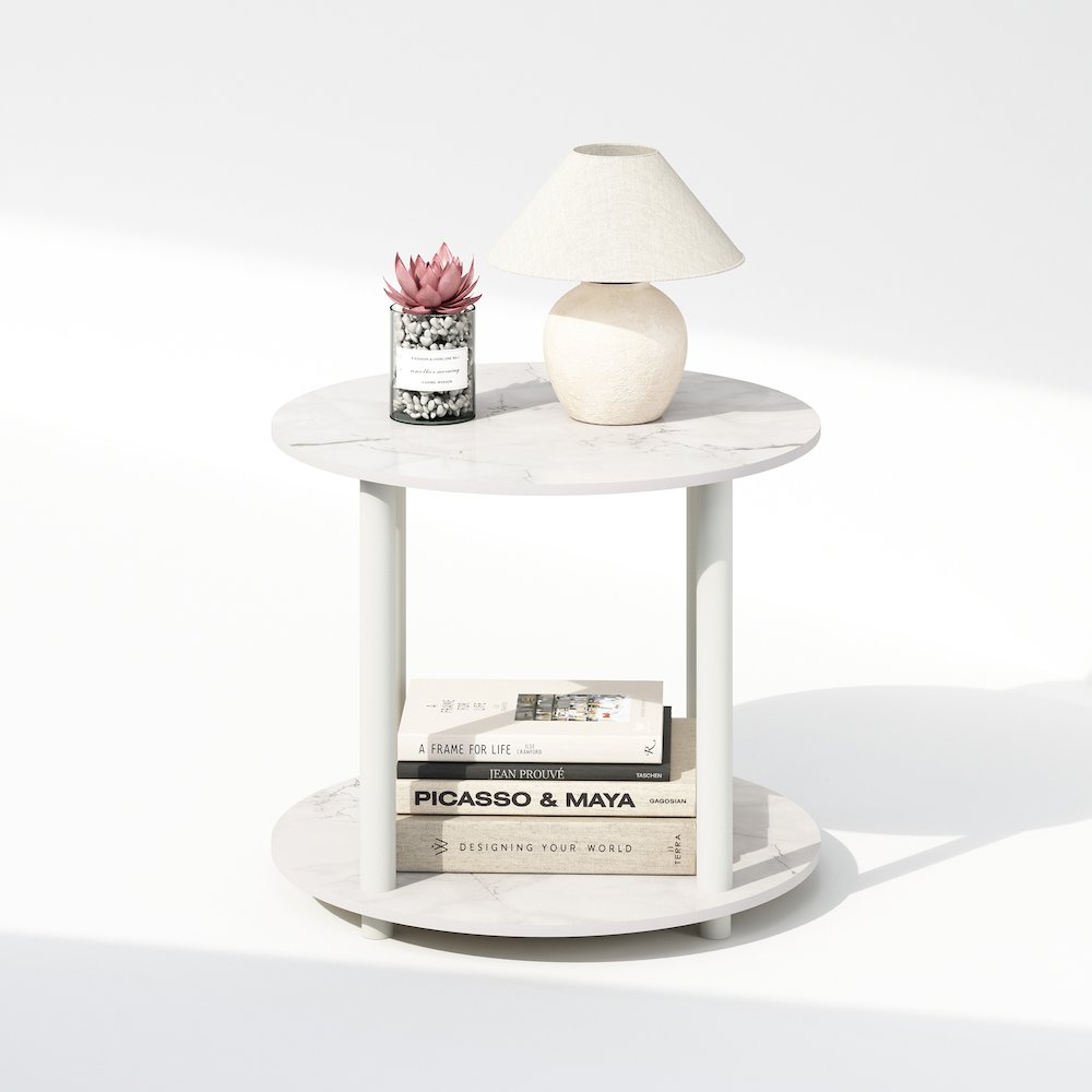Turn-N-Tube Simple Design 2-Tier Round Wooden Side End Table, Marble White. Picture 5