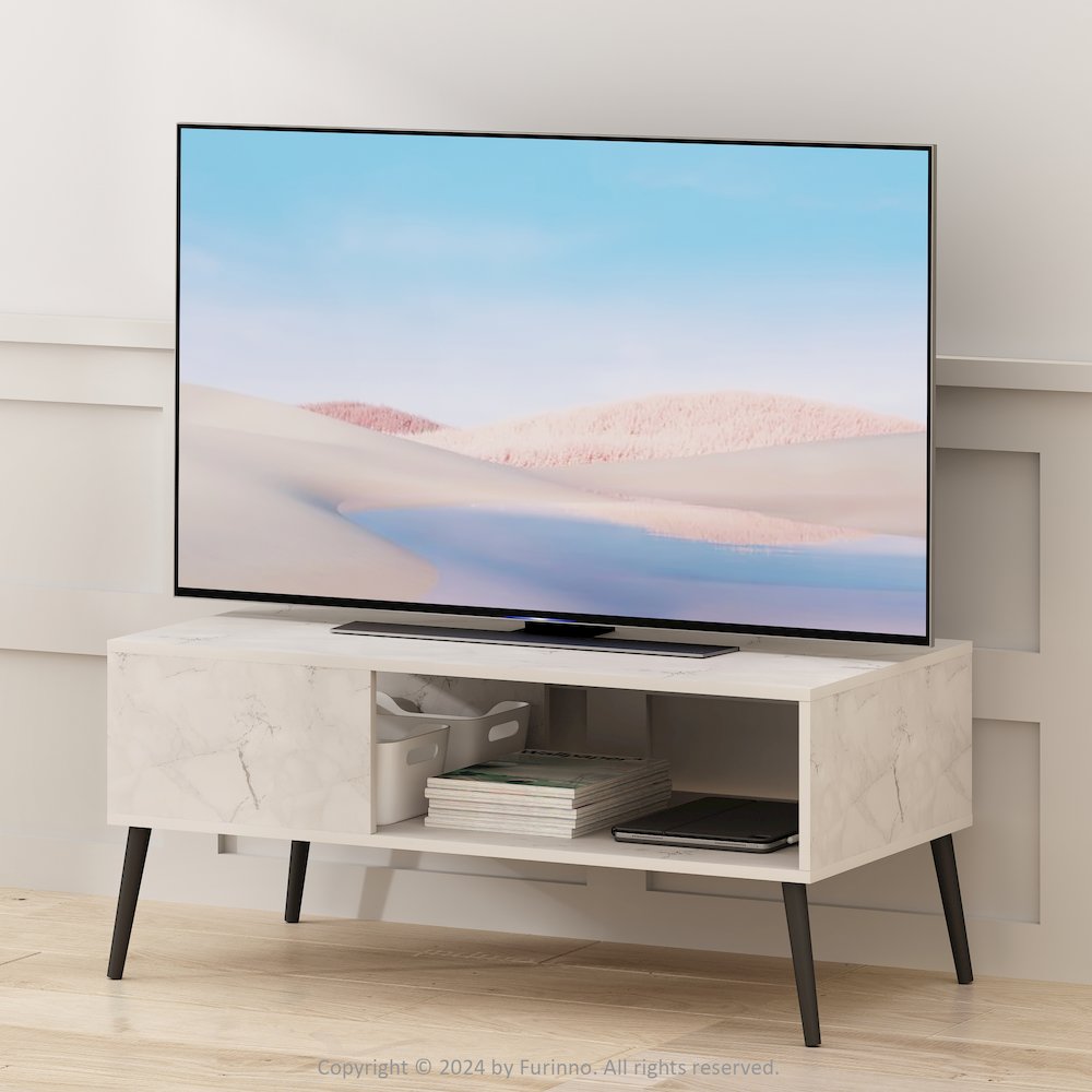 Claude Mid Century Style TV Stand for TV up to 40 with Wood Legs, Marble White. Picture 6
