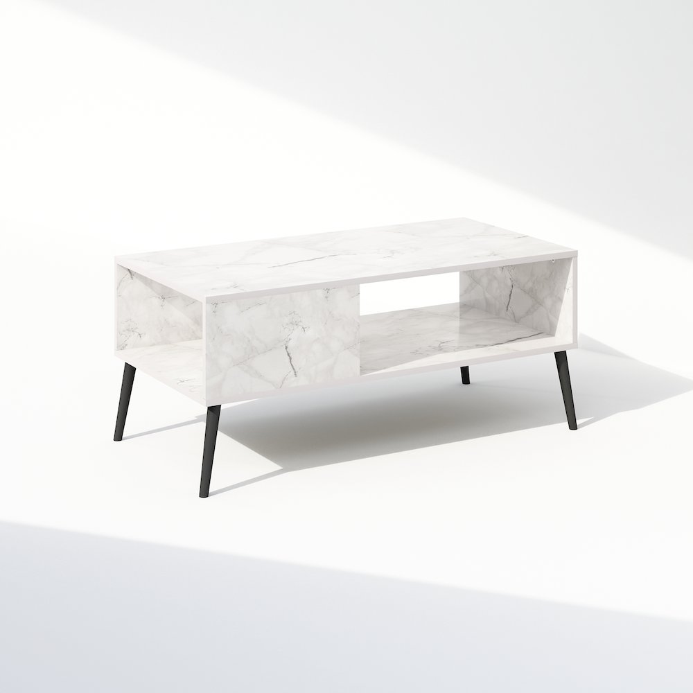 Claude Mid Century Style TV Stand for TV up to 40 with Wood Legs, Marble White. Picture 1