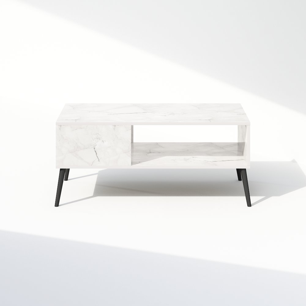 Claude Mid Century Style TV Stand for TV up to 40 with Wood Legs, Marble White. Picture 3