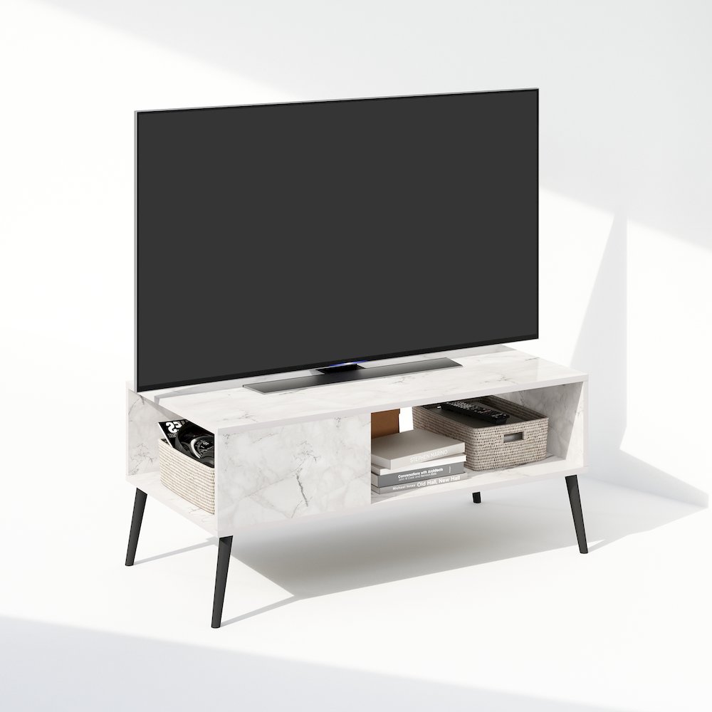 Claude Mid Century Style TV Stand for TV up to 40 with Wood Legs, Marble White. Picture 4
