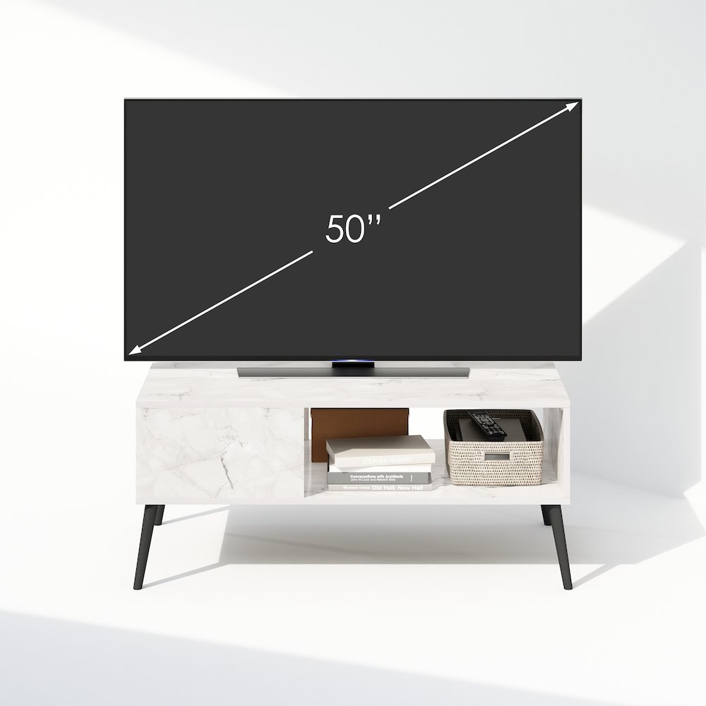 Claude Mid Century Style TV Stand for TV up to 40 with Wood Legs, Marble White. Picture 5