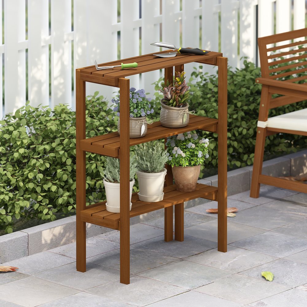 Tioman Outdoor Toolless Multipurpose Display Shelf, Plant Stand, 3-Tier, Natural. Picture 6