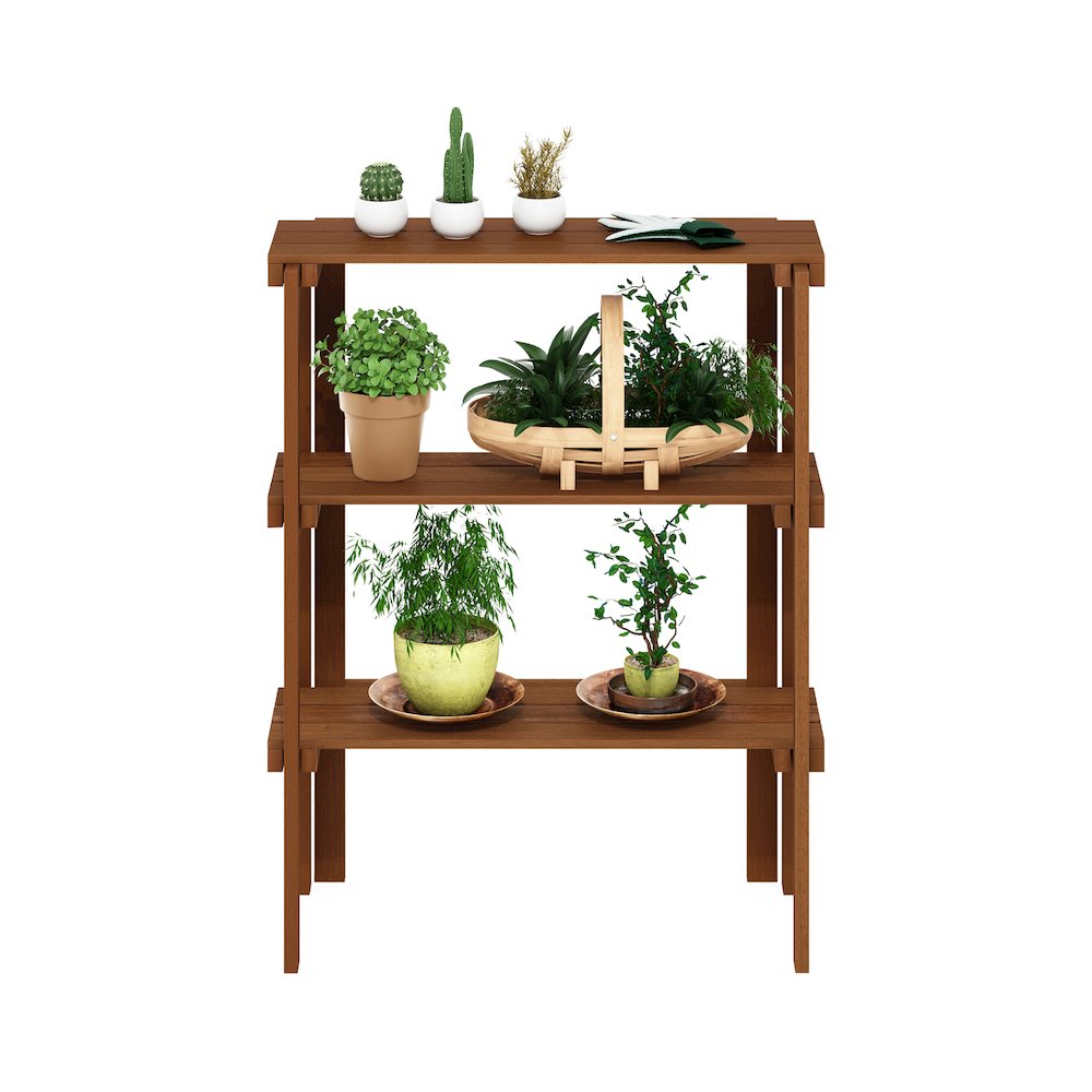 Tioman Outdoor Toolless Multipurpose Display Shelf, Plant Stand, 3-Tier, Natural. Picture 5