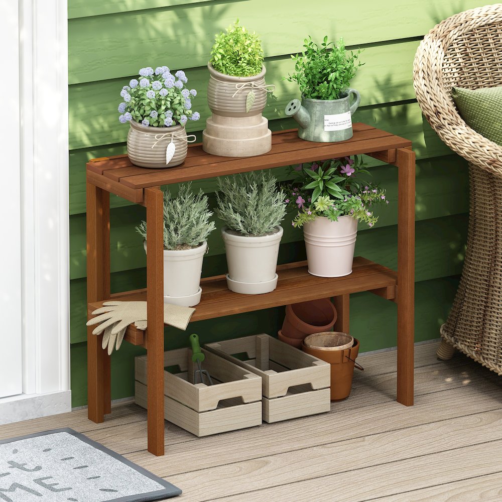Tioman Outdoor Toolless Multipurpose Display Shelf, Plant Stand, 2-Tier, Natural. Picture 6