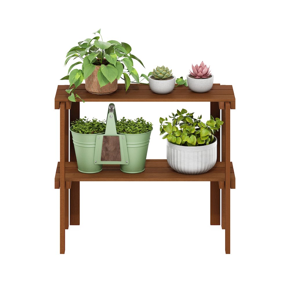 Tioman Outdoor Toolless Multipurpose Display Shelf, Plant Stand, 2-Tier, Natural. Picture 5