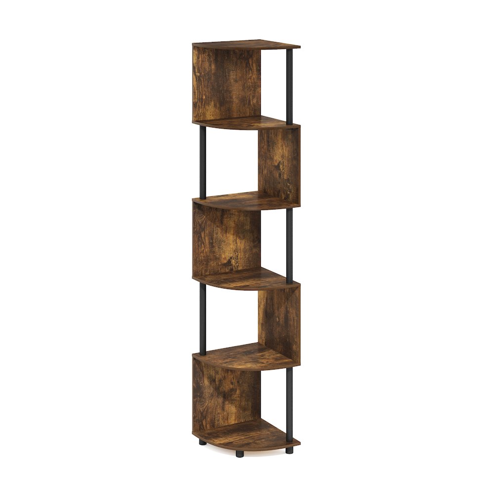 Econ 5-Tier Zigzag Corner Shelf Bookcase, Bookshelf, Amber Pine/Black. Picture 1