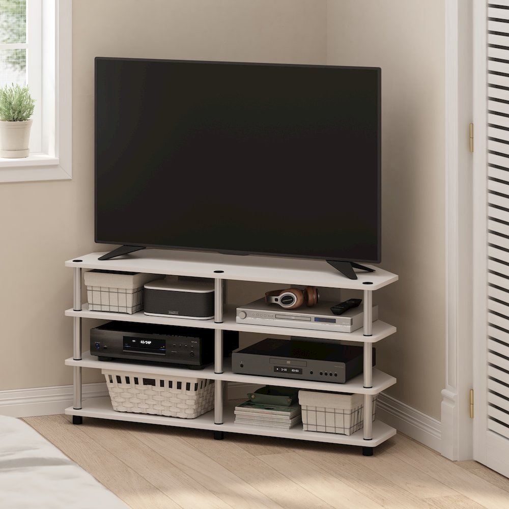 Easy Assembly 4-Tier Corner TV Stand for TV up to 55-Inch, White Oak. Picture 6