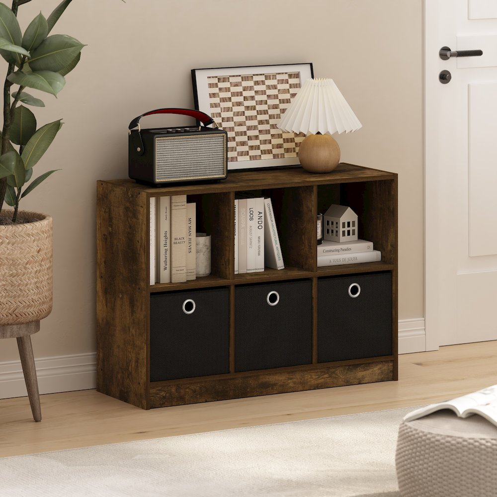 Basic 3x2 Bookcase Storage w/Bins, Amber Pine/Black. Picture 6