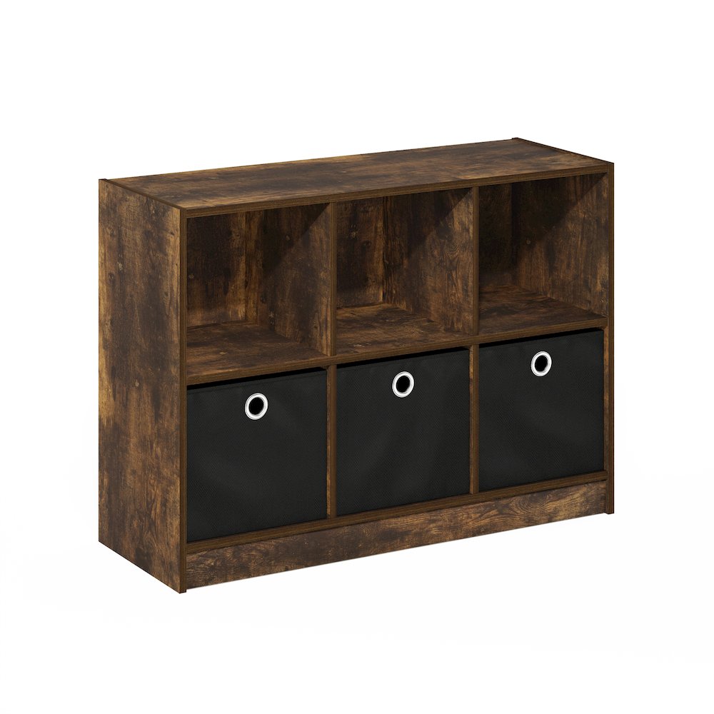 Basic 3x2 Bookcase Storage w/Bins, Amber Pine/Black. Picture 1