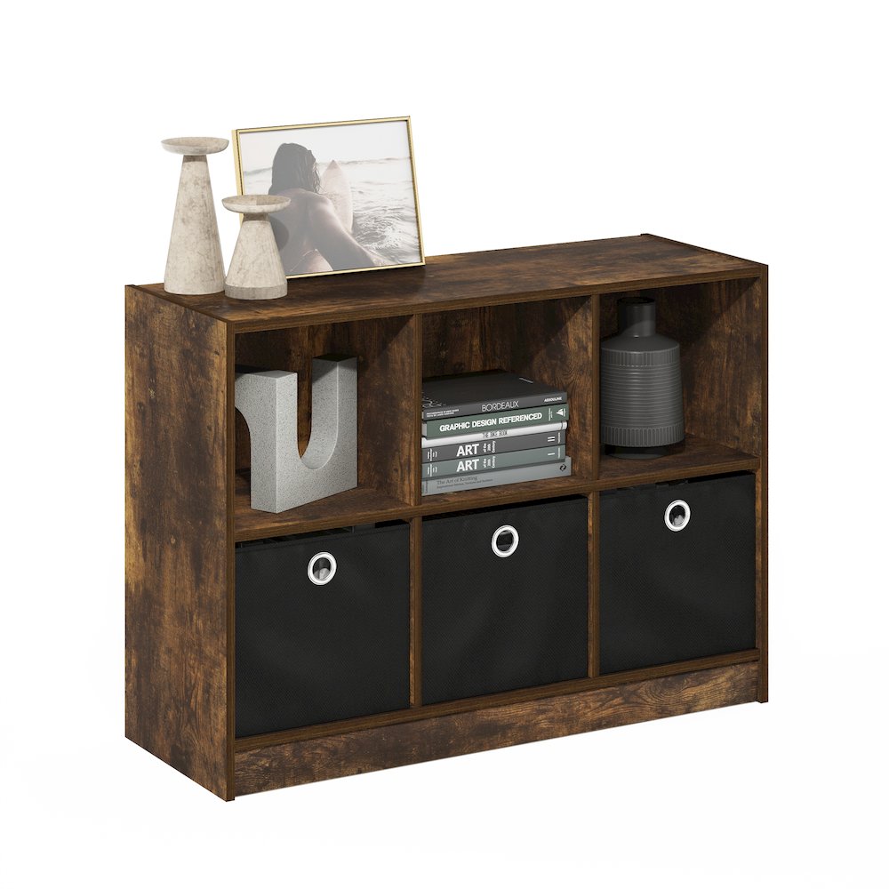 Basic 3x2 Bookcase Storage w/Bins, Amber Pine/Black. Picture 4