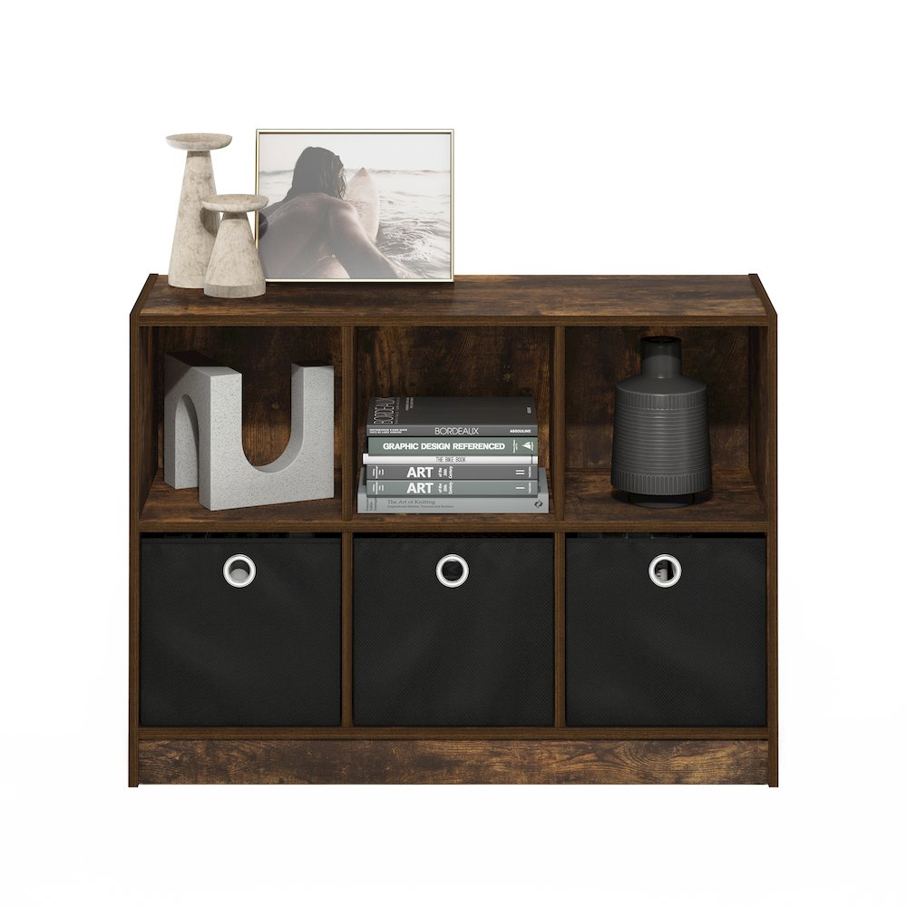 Basic 3x2 Bookcase Storage w/Bins, Amber Pine/Black. Picture 5