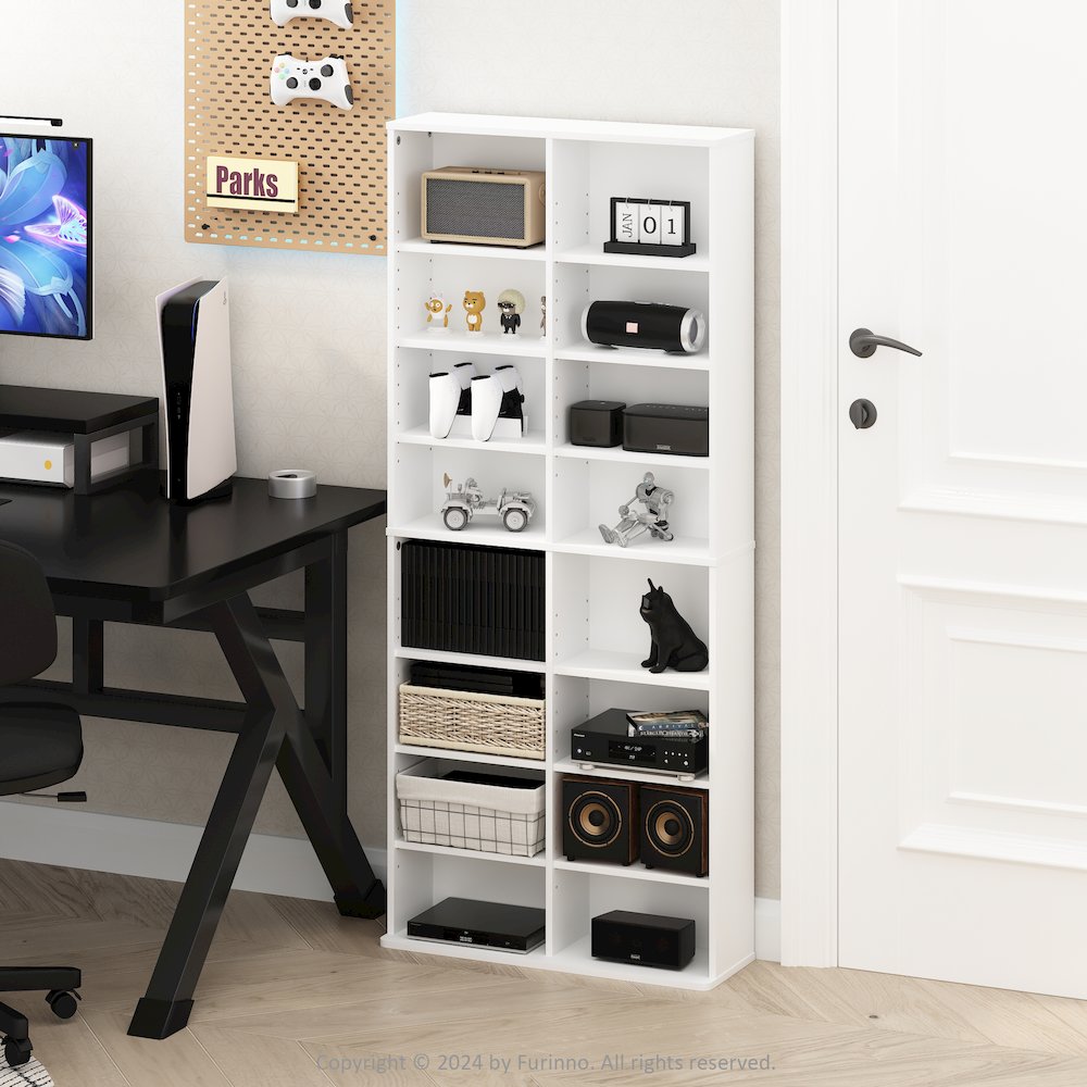 16-Shelf Multimedia Media Storage Tower Rack with Adjustable Shelves, White. Picture 6