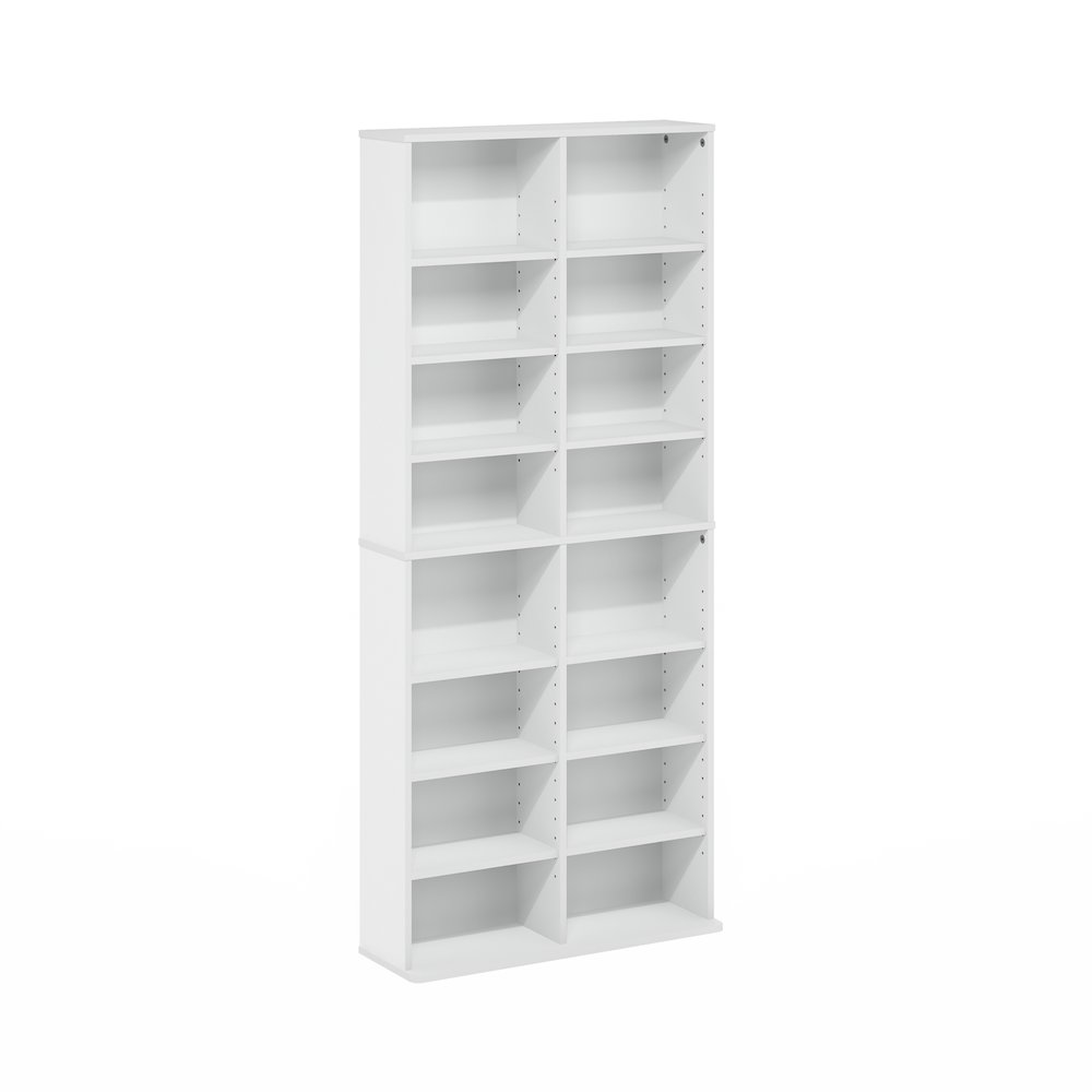 16-Shelf Multimedia Media Storage Tower Rack with Adjustable Shelves, White. Picture 1
