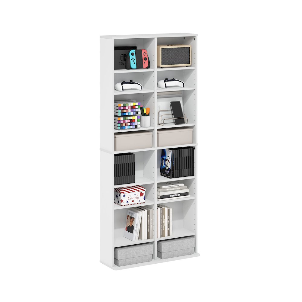 16-Shelf Multimedia Media Storage Tower Rack with Adjustable Shelves, White. Picture 4