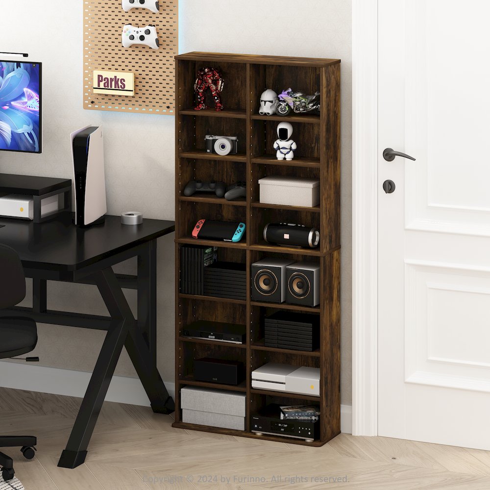 16-Shelf Multimedia Media Storage Tower Rack with Adjustable Shelves, Amber Pine. Picture 6