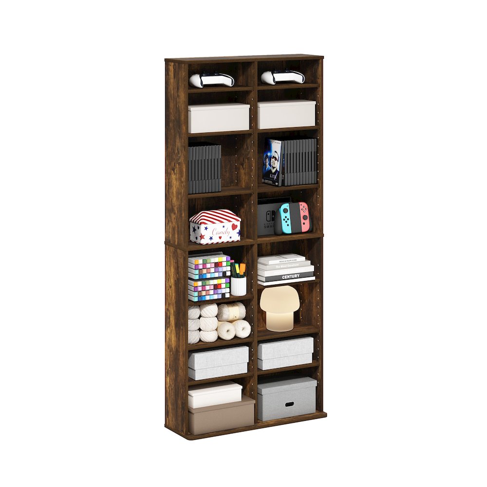 16-Shelf Multimedia Media Storage Tower Rack with Adjustable Shelves, Amber Pine. Picture 4
