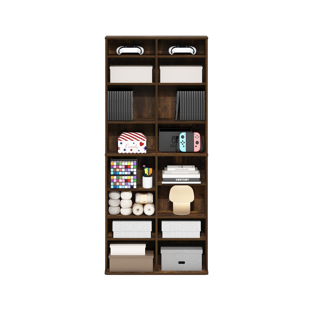 16-Shelf Multimedia Media Storage Tower Rack with Adjustable Shelves, Amber Pine. Picture 5