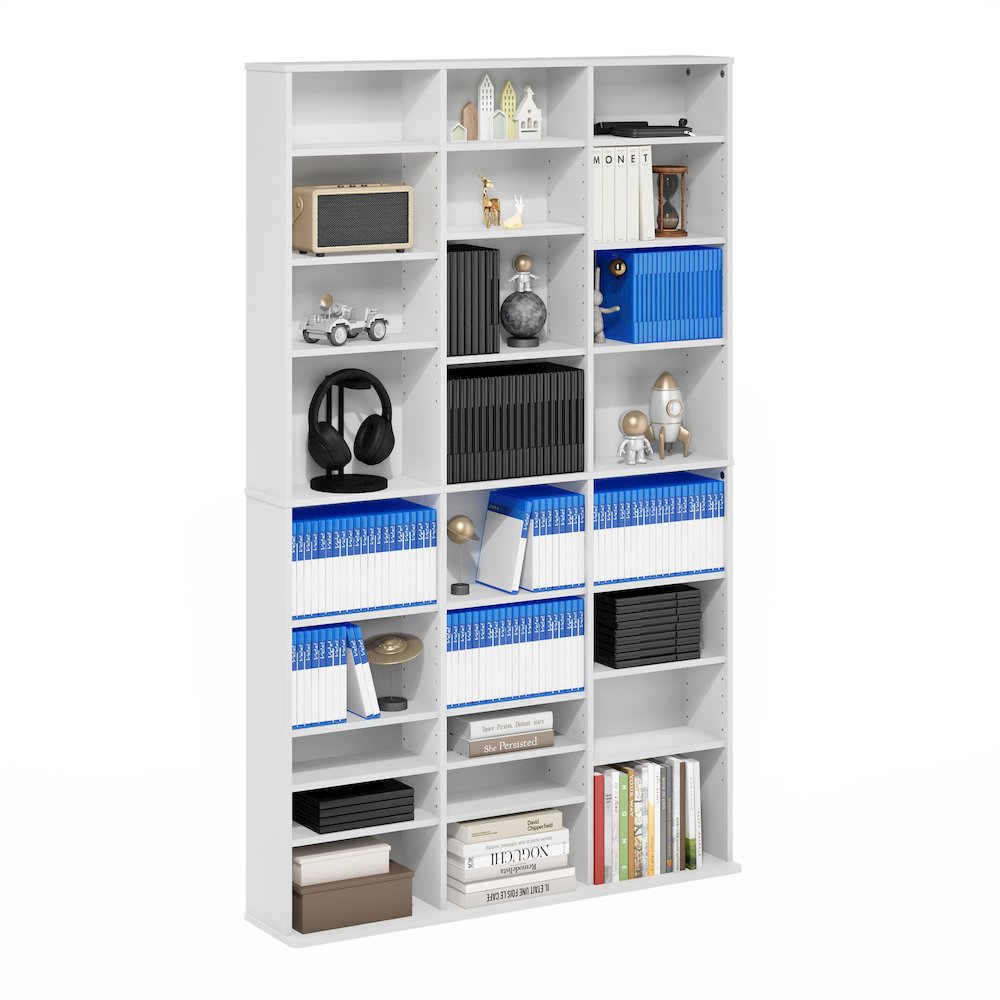 24-Shelf Multimedia Media Storage Tower Rack with Adjustable Shelves, White. Picture 1